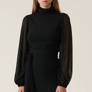 Ganni Black Mesh Polka-Dot Turtleneck, Size 38